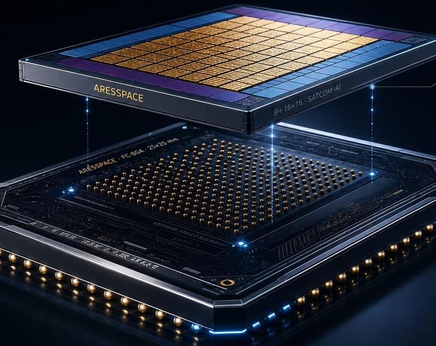 AresSemi B+ 16×16 VHTS flagship — die with the 16×16 ReRAM tile array exploded above its FC-BGA package and C4 bump field