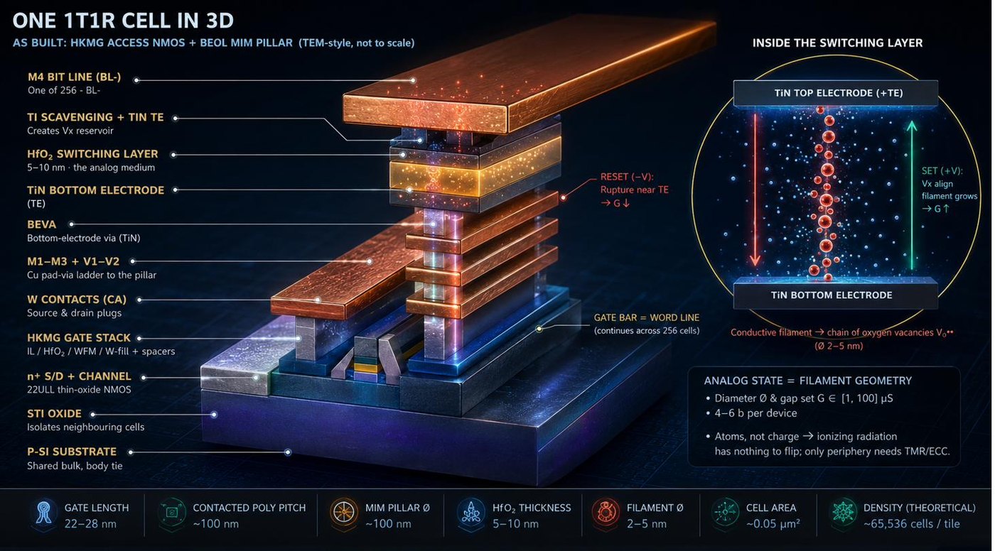 Realistic 3D render of one 1T1R cell as built: M4 bit line, TiN top electrode, HfO₂ switching layer, BEVA, the Cu via ladder, HKMG access NMOS and p-Si substrate, with the conductive filament detailed inside the switching layer