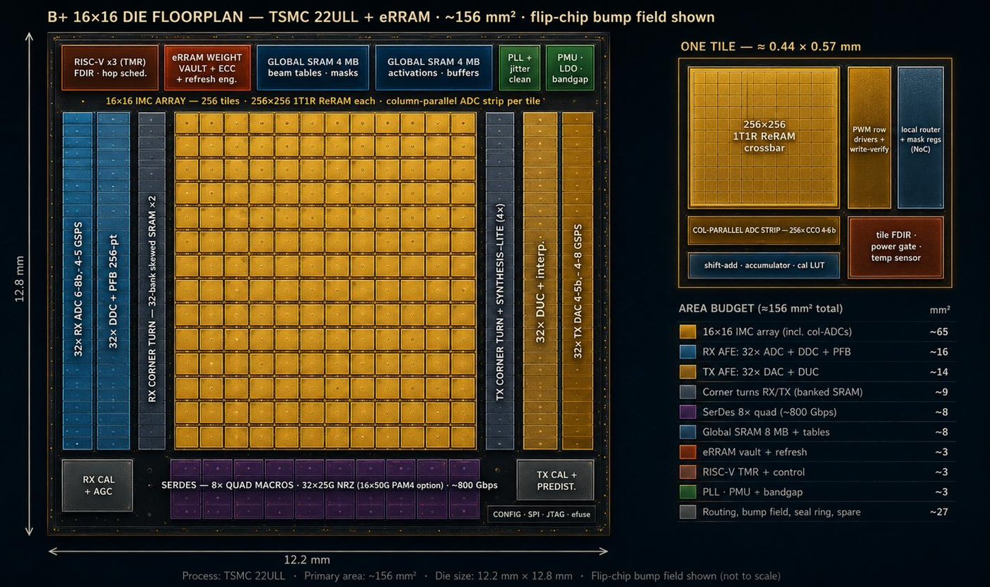B+ 16x16 die floorplan with dimensions, tile zoom and area budget