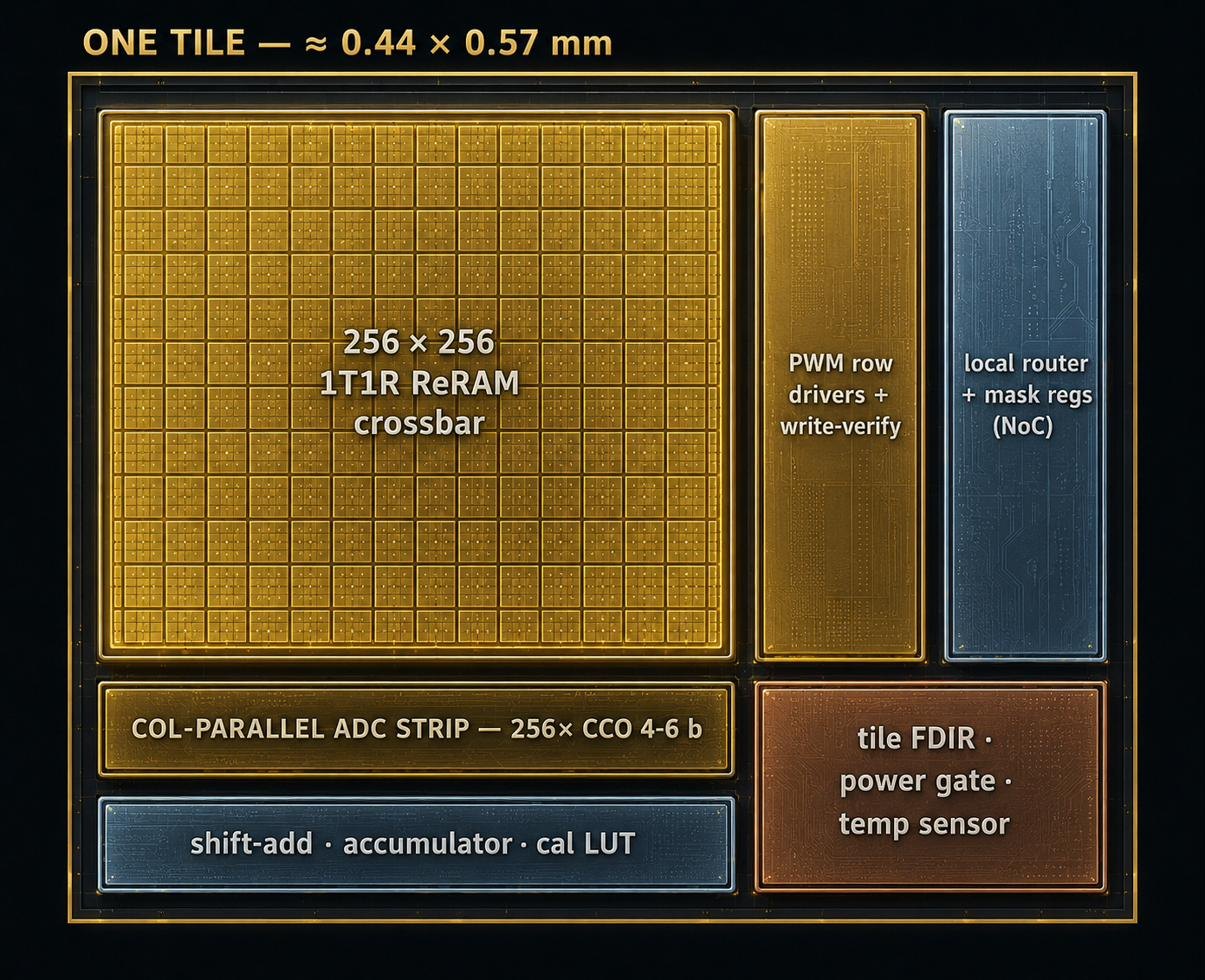 Gen-1 single 256x256 ReRAM tile block diagram with dimensions
